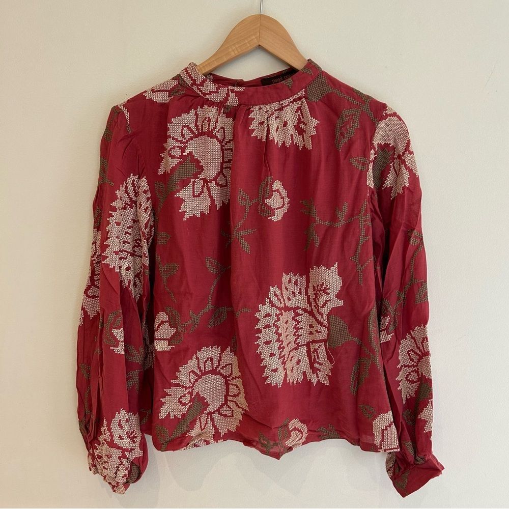 Anthropologie payal patrap Red Embroidered Rhododendron Blouse size 4 - Picture 2 of 4